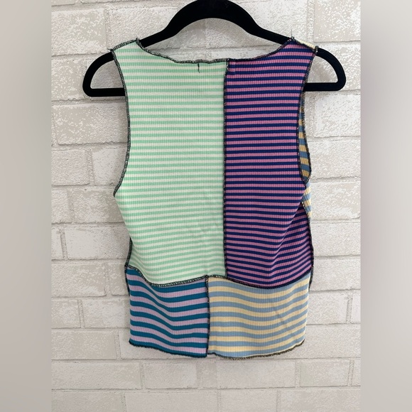High Neck Pieced Tank Top GILDED INTENT Striped Color Block Sleeveless L #1886 - Picture 7 of 8